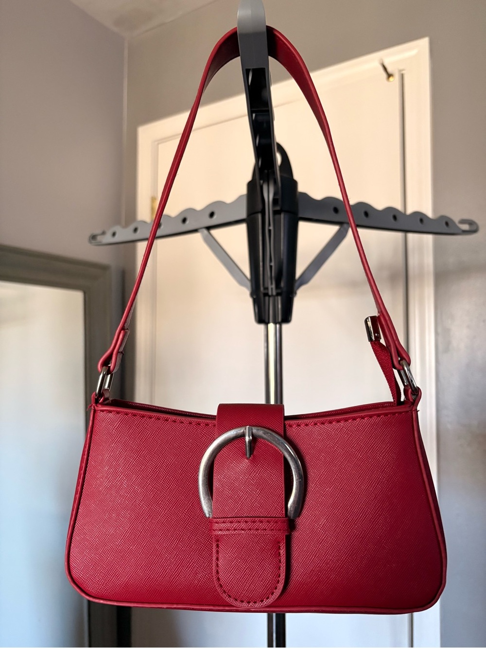 Red Shoulder Bag with Silver Buckle